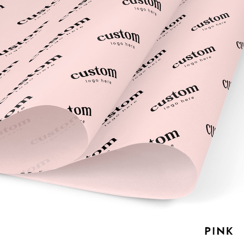 May include: Pink wrapping paper with a repeating pattern of the word "custom" and the text "logo here".