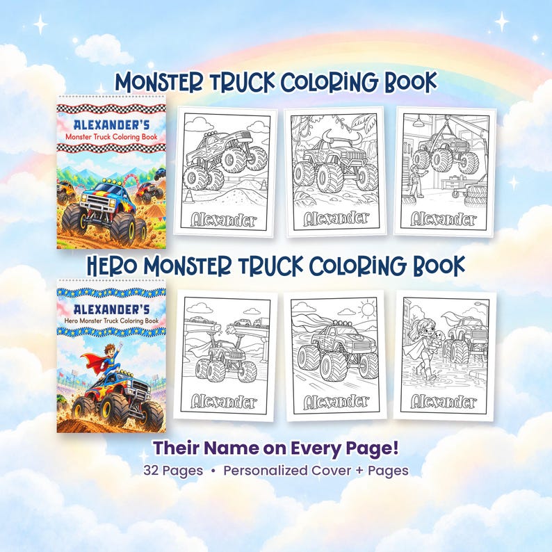May include: Two personalized coloring books titled Monster Truck Coloring Book and Hero Monster Truck Coloring Book. Each cover and interior page features the name Alexander. The books contain 32 pages with black and white illustrations.
