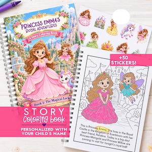May include: A spiral-bound story coloring book titled Princess Emma's Royal Adventures, Book 1: The Magical Locket, featuring a colorful princess illustration, a black and white coloring page with text, and a sheet of 50 stickers with characters.