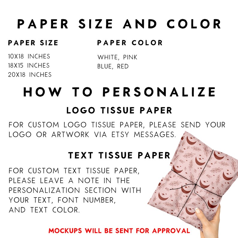 May include: A guide to customizing tissue paper with a logo or text. The image shows a pink tissue paper with a red crescent moon and leaf pattern. The text includes paper sizes in inches: 10x18, 18x15, and 20x18. Paper colors are white, pink, blue, and red.