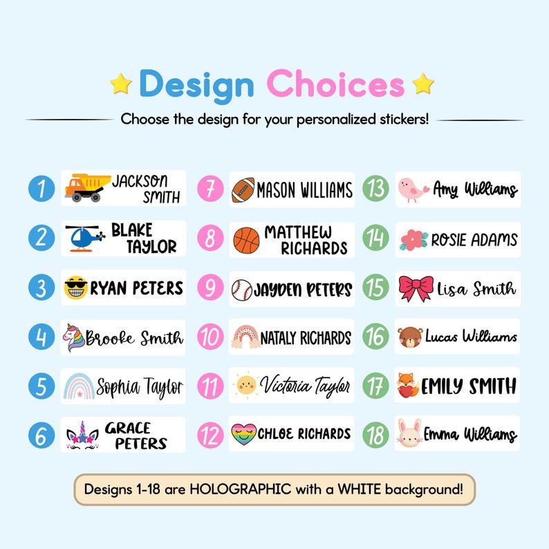 Op de afbeelding: Een lichtblauwe afbeelding met de tekst "Design Choices" en een lijst met gepersonaliseerde stickerontwerpen. Elk ontwerp bevat een naam en een kleine illustratie, zoals een vrachtwagen, helikopter of regenboog. Ontwerpen 1-18 zijn holografisch met een witte achtergrond.