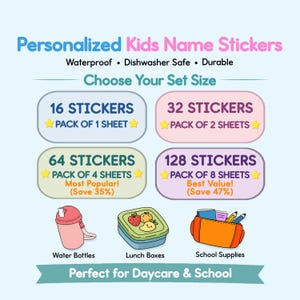Pode incluir: Autocolantes personalizados com nome para crian&ccedil;as com o texto Waterproof, Dishwasher Safe, Durable. As op&ccedil;&otilde;es incluem 16, 32, 64 ou 128 autocolantes em v&aacute;rios tamanhos de pacote. As ilustra&ccedil;&otilde;es mostram uma garrafa rosa, uma lancheira verde e um estojo laranja.