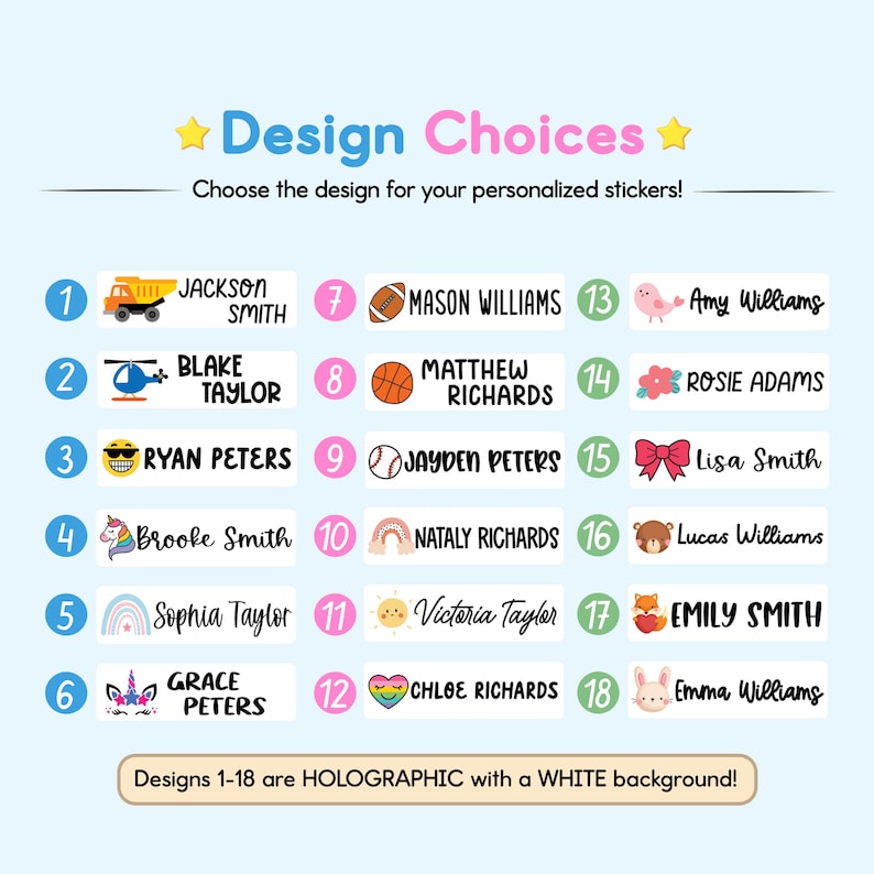 Pode incluir: Uma exibi&ccedil;&atilde;o de 18 op&ccedil;&otilde;es de design de adesivos personalizados em um fundo azul claro. Cada entrada numerada apresenta um &iacute;cone gr&aacute;fico exclusivo, como um caminh&atilde;o basculante, unic&oacute;rnio ou bola esportiva, emparelhado com um nome em texto preto. Uma nota afirma que os designs 1-18 s&atilde;o hologr&aacute;ficos com fundo branco.