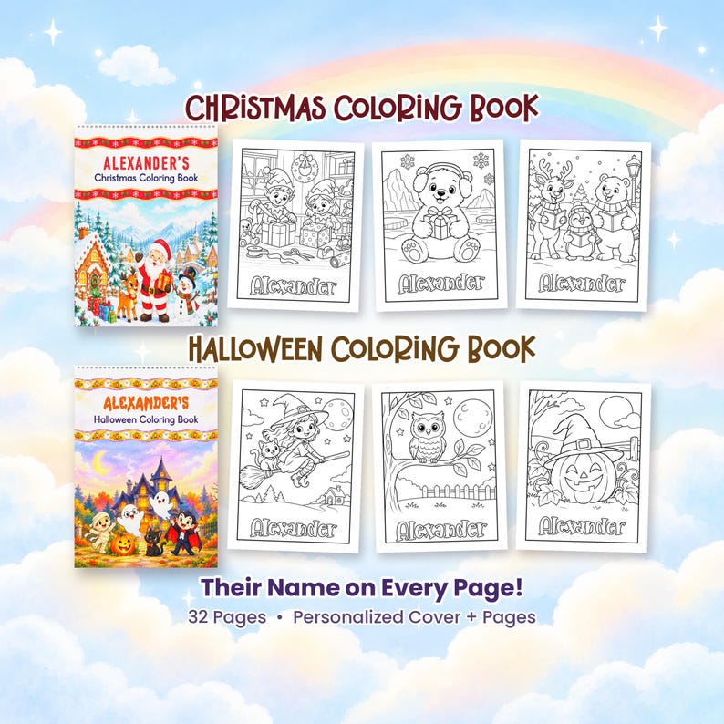 May include: Two personalized coloring books titled Alexander's Christmas Coloring Book and Alexander's Halloween Coloring Book. Each book features 32 pages with the name Alexander on every page, showcasing various holiday-themed line art illustrations.