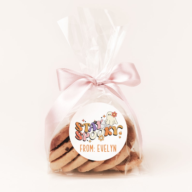 Op de afbeelding: Een doorzichtige cellofaan zak gevuld met koekjes, vastgebonden met een roze lint. Een ronde sticker met een spook en de tekst "Stay Spooky!" en "From: Evelyn" is aan de zak bevestigd.