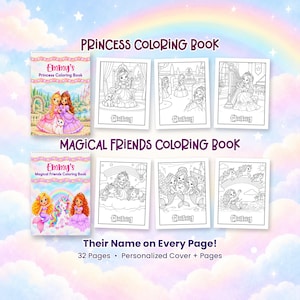 May include: Two spiral-bound coloring books titled Emmy's Princess Coloring Book and Emmy's Magical Friends Coloring Book. Each book features a colorful cover and black-and-white line art pages with the name Emmy printed on every page.