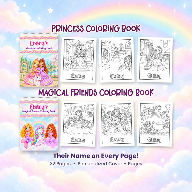 May include: Two spiral-bound coloring books titled Emmy's Princess Coloring Book and Emmy's Magical Friends Coloring Book. Each book features a colorful cover and black-and-white line art pages with the name Emmy printed on every page.