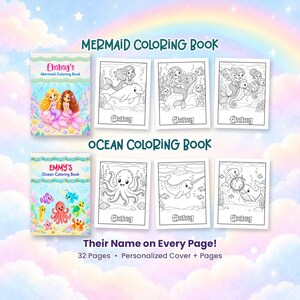 May include: Two spiral-bound coloring books titled Emmy's Mermaid Coloring Book and Emmy's Ocean Coloring Book. Each book features a personalized cover and black-and-white line art pages showing mermaids, dolphins, and sea creatures.