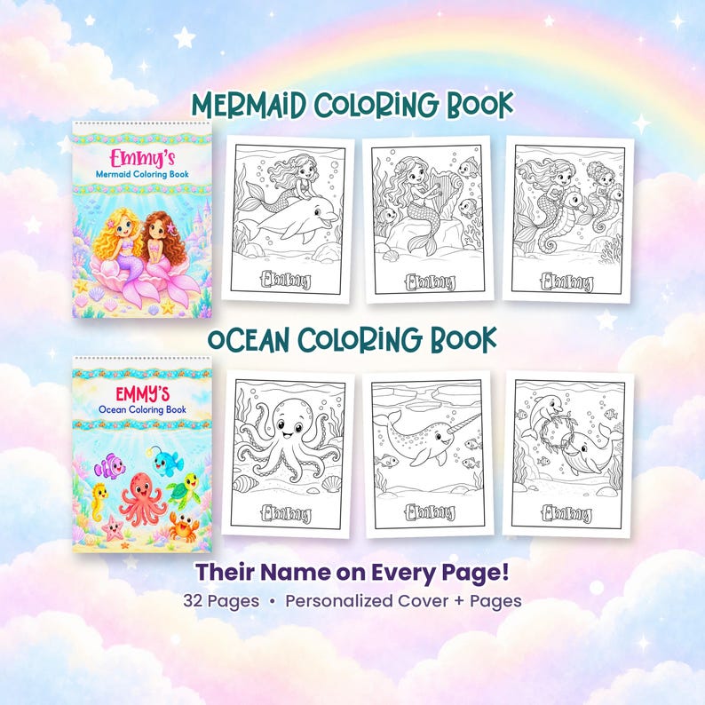 May include: Two spiral-bound coloring books titled Emmy's Mermaid Coloring Book and Emmy's Ocean Coloring Book. Each book features a personalized cover and black-and-white line art pages showing mermaids, dolphins, and sea creatures.