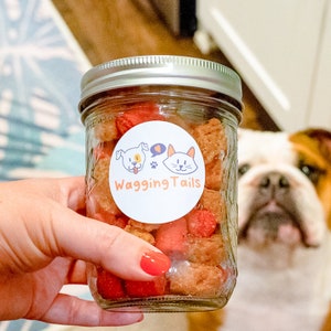 K&ouml;nnte beinhalten: Ein klares Glas mit silbernem Deckel, gef&uuml;llt mit Hundeleckerlis und Erdbeeren. Ein wei&szlig;es Etikett mit einer Hunde- und Katzenillustration und den Worten "Wagging Tails" befindet sich auf dem Glas. Im Hintergrund ist eine Bulldogge zu sehen.