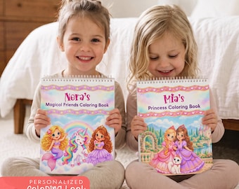 May include: Two spiral-bound coloring books with personalized covers. One reads Nora's Magical Friends Coloring Book featuring a mermaid, unicorn, and princess. The other reads Mia's Princess Coloring Book showing two princesses and a cat.