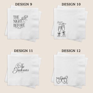 K&ouml;nnte beinhalten: Vier quadratische wei&szlig;e Papierservietten mit schwarzen Druckmotiven. Design 9 zeigt zwei Gl&auml;ser und Text. Design 10 zeigt zwei Champagnergl&auml;ser mit Namen und Datum. Design 11 enth&auml;lt kursiven Text. Design 12 zeigt zwei herzf&ouml;rmige Umrisse mit Initialen.