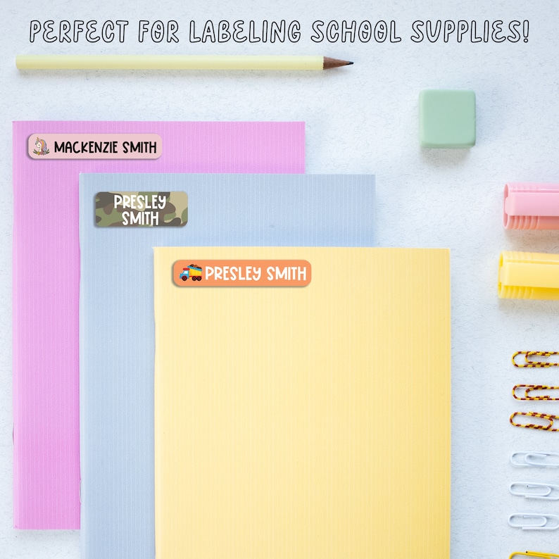 May include: Three colorful folders with personalized labels. The labels feature different designs and the names "Mackenzie Smith", "Presley Smith", and "Presley Smith".