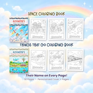 May include: Two personalized coloring books titled Alexander's Space Coloring Book and Alexander's Things That Go Coloring Book. Each book features 32 pages with the name Alexander on every page, including colorful covers and black and white line art illustrations of space vehicles, airplanes, trains, and submarines.