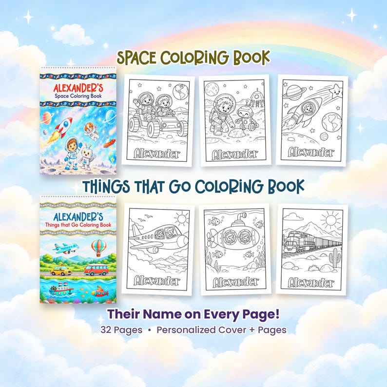 May include: Two personalized coloring books titled Alexander's Space Coloring Book and Alexander's Things That Go Coloring Book. Each book features 32 pages with the name Alexander on every page, including colorful covers and black and white line art illustrations of space vehicles, airplanes, trains, and submarines.