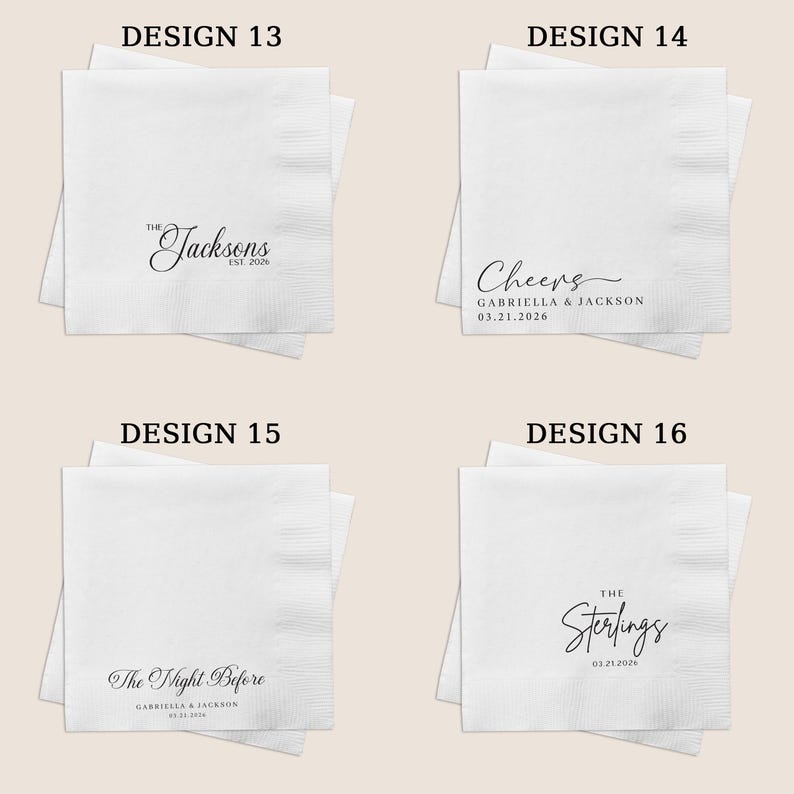 K&ouml;nnte beinhalten: Vier quadratische wei&szlig;e Papierservietten mit schwarzem Textaufdruck. Design 13 zeigt The Jacksons Est. 2026. Design 14 zeigt Cheers Gabriella & Jackson 03.21.2026. Design 15 zeigt The Night Before Gabriella & Jackson 03.21.2026. Design 16 zeigt The Sterlings 03.21.2026.