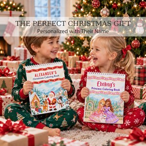 May include: Two spiral-bound coloring books with personalized covers. One book features a Santa Claus and snowman illustration with the text Alexander's Christmas Coloring Book. The other shows two princesses with the text Emmy's Princess Coloring Book.