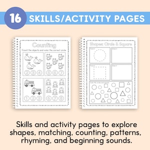 May include: Two spiral-bound activity books with black and white illustrations. One book features counting exercises with images of whales, cats, fire trucks, and frogs. The other book focuses on shapes. The text reads "16 Skills/Activity Pages".