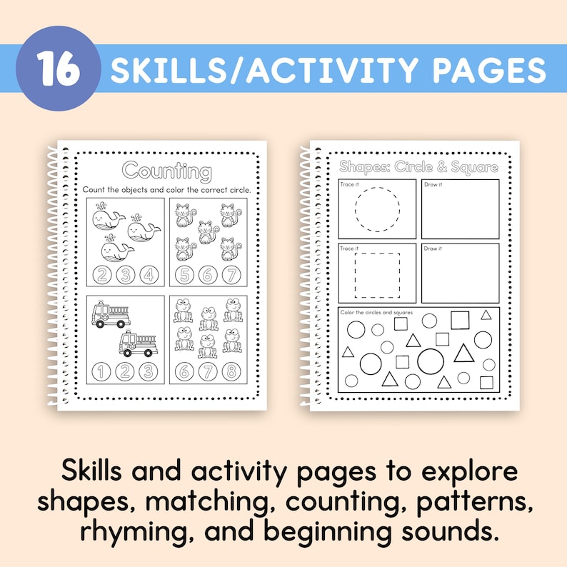 May include: Two spiral-bound activity books with black and white illustrations. One book features counting exercises with images of whales, cats, fire trucks, and frogs. The other book focuses on shapes. The text reads "16 Skills/Activity Pages".