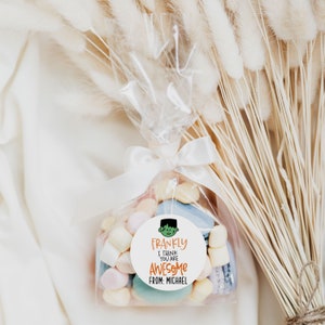 Op de afbeelding: Een transparante cellofaan zak gevuld met kleurrijke marshmallows, vastgebonden met een wit lint. Een ronde sticker met een groene monster cartoon en de tekst "Eerlijk gezegd, ik vind je geweldig Van: Michael" is aan de zak bevestigd.