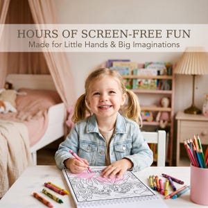 May include: A spiral-bound coloring book featuring a line-art illustration of two princesses, with the text "HOURS OF SCREEN-FREE FUN Made for Little Hands & Big Imaginations" printed above. A collection of colorful crayons is scattered on the table.