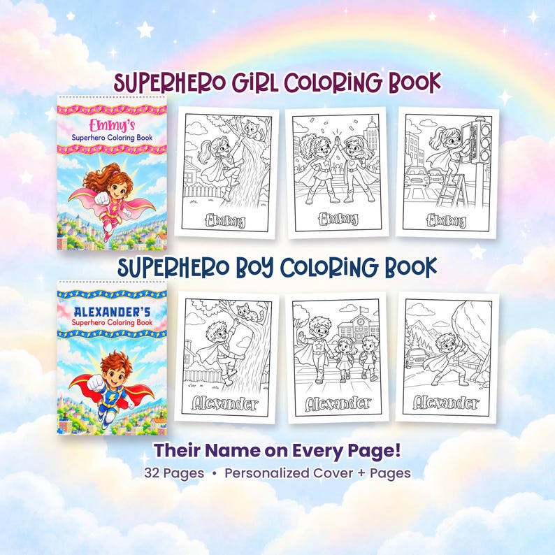 May include: Two personalized superhero coloring books featuring colorful covers with the names Emmy and Alexander. Each book includes 32 pages with black and white line art illustrations of superheroes, with the child's name printed on every page.