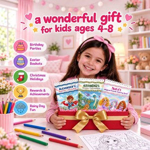 May include: Three spiral-bound coloring books titled Alexander's Superhero Coloring Book, Alexander's Dinosaur Coloring Book, and Nora's Magical Friends Coloring Book, presented in a red gift box with a gold bow, surrounded by colored pencils.