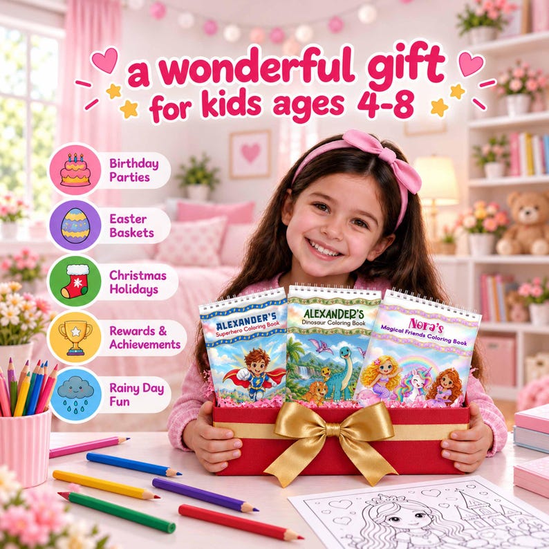 May include: Three spiral-bound coloring books titled Alexander's Superhero Coloring Book, Alexander's Dinosaur Coloring Book, and Nora's Magical Friends Coloring Book, presented in a red gift box with a gold bow, surrounded by colored pencils.