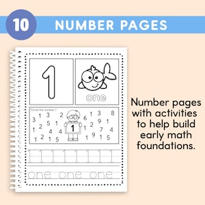 May include: Spiral-bound workbook with the text "10 NUMBER PAGES." The pages feature number one, a fish illustration, and activities to help build early math foundations. Includes tracing and counting exercises. The text "one" is repeated.