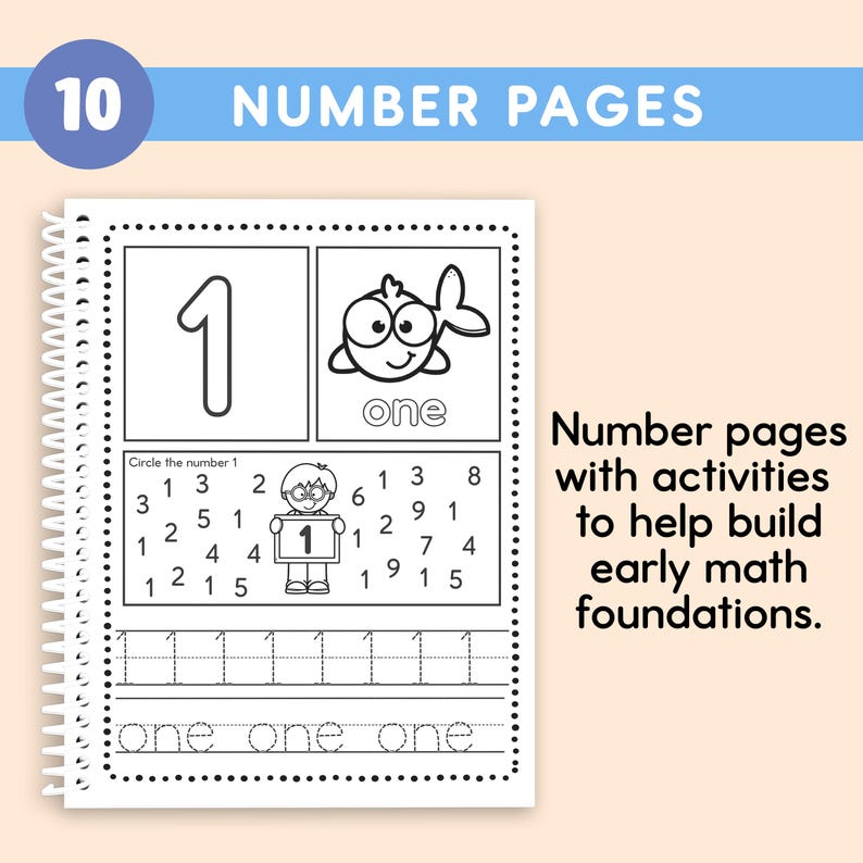 May include: Spiral-bound workbook with the text "10 NUMBER PAGES." The pages feature number one, a fish illustration, and activities to help build early math foundations. Includes tracing and counting exercises. The text "one" is repeated.