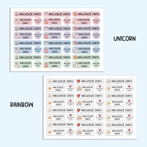 May include: A set of 18 colorful, personalized name labels featuring a unicorn and rainbow design. The labels are rectangular and feature the name "Mackenzie Smith" repeated on each label. The labels are ideal for school supplies, lunchboxes, and other personal items.