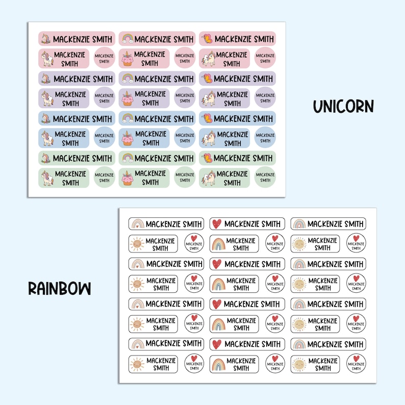 May include: A set of 18 colorful, personalized name labels featuring a unicorn and rainbow design. The labels are rectangular and feature the name "Mackenzie Smith" repeated on each label. The labels are ideal for school supplies, lunchboxes, and other personal items.