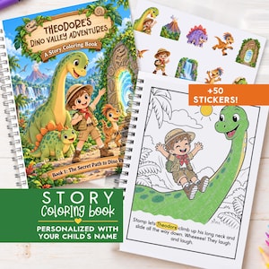 May include: A spiral-bound story coloring book titled Theodore's Dino Valley Adventures, featuring a cartoon explorer and dinosaurs. The set includes a sheet of stickers and a page showing a line-art illustration of a child sliding down a dinosaur neck.