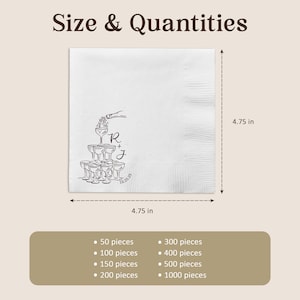 K&ouml;nnte beinhalten: Eine quadratische wei&szlig;e Papierserviette mit den Ma&szlig;en 12,07 cm mal 12,07 cm. Die Serviette zeigt eine schwarze Strichzeichnung eines Champagnerturms mit einer Flasche, die in das oberste Glas gie&szlig;t, den Buchstaben R + J und dem Datum 10.25.25.