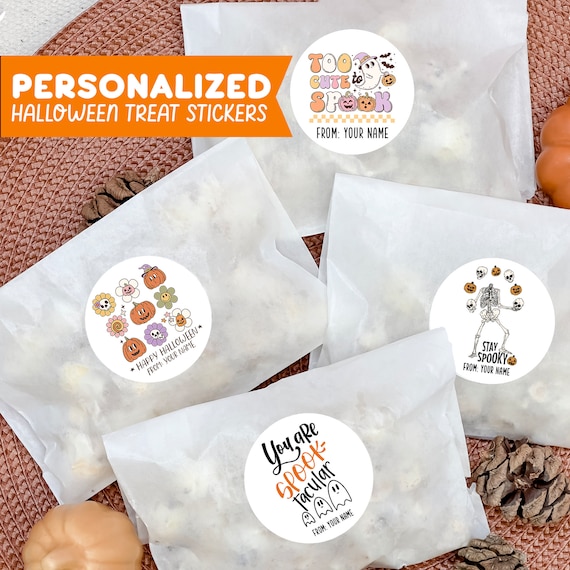PERSONALIZED Halloween Stickers, Halloween Party Favor Stickers, Custom Name Sticker for Halloween Treat Bags, Halloween Goodie Bag Stickers