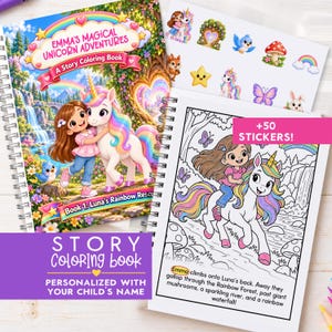 May include: A spiral-bound story coloring book titled Emma's Magical Unicorn Adventures, featuring a girl and a unicorn on the cover. Includes a sheet of colorful stickers and a second spiral-bound book with black and white line art pages.