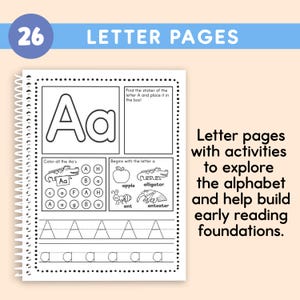 May include: A spiral-bound letter learning activity book. The page features the letter "A" with tracing lines, illustrations of an apple, alligator, ant, and anteater. The text reads "Letter Pages" and "Letter pages with activities to explore the alphabet and help build early reading foundations."
