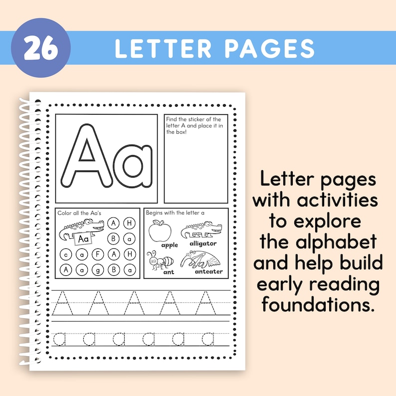May include: A spiral-bound letter learning activity book. The page features the letter "A" with tracing lines, illustrations of an apple, alligator, ant, and anteater. The text reads "Letter Pages" and "Letter pages with activities to explore the alphabet and help build early reading foundations."