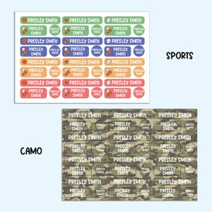 May include: A set of 24 personalized name labels featuring a sports theme and a camouflage pattern. The labels are rectangular and feature the name "PRESLEY SMITH" in white text. The sports theme labels feature a baseball, basketball, and football icon. The camouflage labels feature a green, brown, and black camouflage pattern.