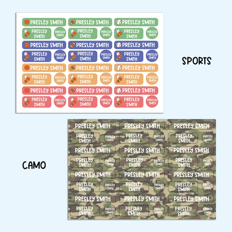 May include: A set of 24 personalized name labels featuring a sports theme and a camouflage pattern. The labels are rectangular and feature the name "PRESLEY SMITH" in white text. The sports theme labels feature a baseball, basketball, and football icon. The camouflage labels feature a green, brown, and black camouflage pattern.