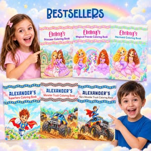May include: Six spiral-bound coloring books titled Emmy's Princess, Magical Friends, and Mermaid Coloring Books, and Alexander's Superhero, Monster Truck, and Hero Monster Truck Coloring Books, featuring colorful illustrations of characters.