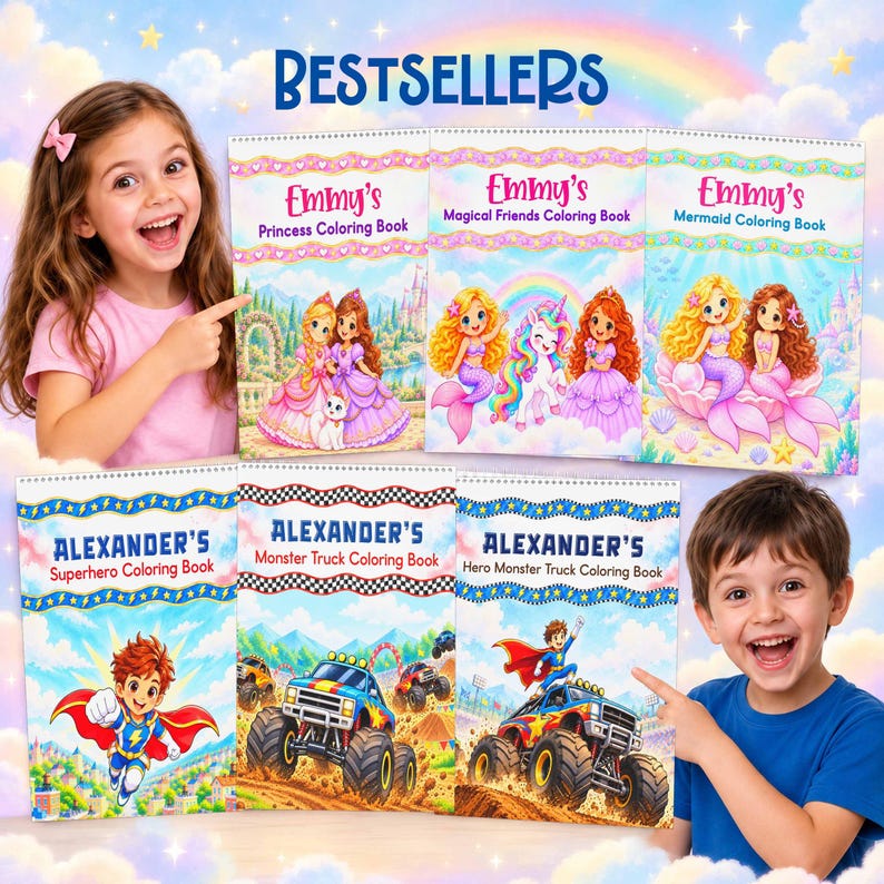 May include: Six spiral-bound coloring books titled Emmy's Princess, Magical Friends, and Mermaid Coloring Books, and Alexander's Superhero, Monster Truck, and Hero Monster Truck Coloring Books, featuring colorful illustrations of characters.