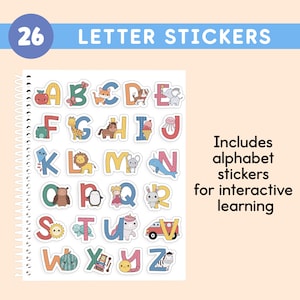 May include: A spiral-bound pad of 26 letter stickers, each with a colorful animal illustration. The stickers include the alphabet, with the text "26 LETTER STICKERS" at the top. The text "Includes alphabet stickers for interactive learning" is also present.