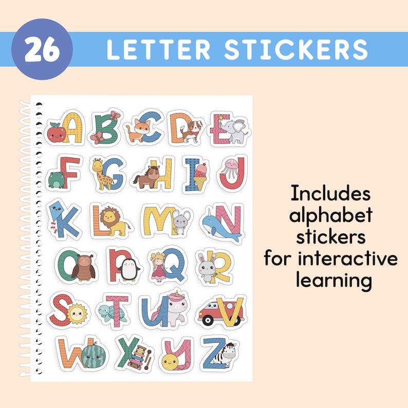 May include: A spiral-bound pad of 26 letter stickers, each with a colorful animal illustration. The stickers include the alphabet, with the text "26 LETTER STICKERS" at the top. The text "Includes alphabet stickers for interactive learning" is also present.