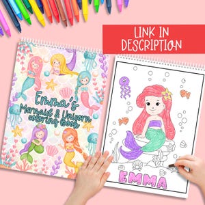 Op de afbeelding: Een spiraalgebonden kleurboek met een zeemeermin- en eenhoornthema, met kleurrijke illustraties en de tekst "Emma's Mermaid & Unicorn coloring book". Een tweede kleurplaat toont een zeemeermin met rood haar. De tekst "LINK IN DESCRIPTION" staat op een rode banner.