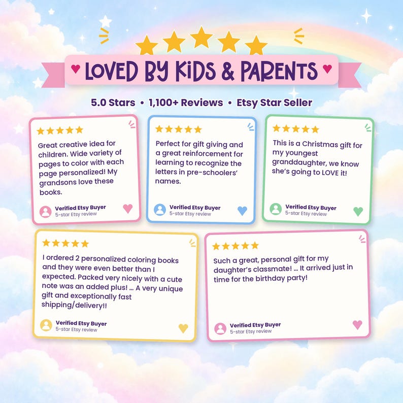May include: A graphic display featuring five five-star reviews from verified Etsy buyers. The header reads Loved by Kids & Parents, 5.0 Stars, 1,100+ Reviews, and Etsy Star Seller. The text boxes contain customer feedback about personalized coloring books.