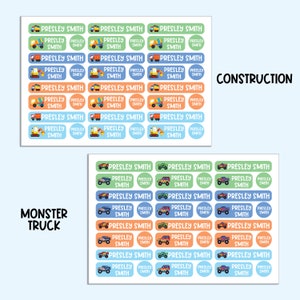 May include: Two sheets of colorful name labels with a construction and monster truck theme. Each sheet has 18 labels with the name "PRESLEY SMITH" printed on each label. The labels are in various colors and shapes, including circles, rectangles, and ovals.