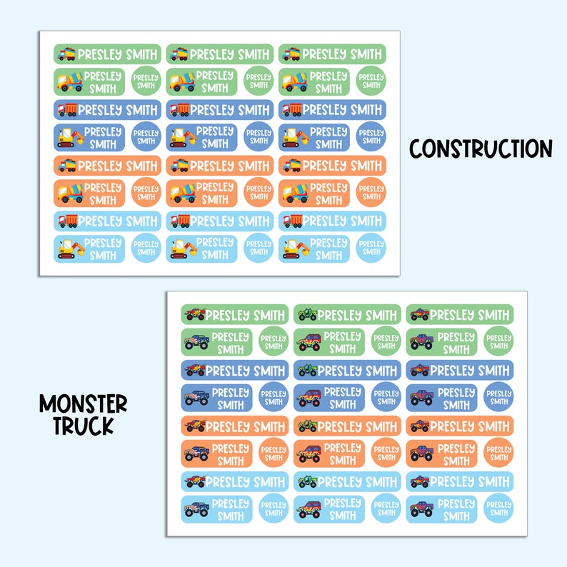 May include: Two sheets of colorful name labels with a construction and monster truck theme. Each sheet has 18 labels with the name "PRESLEY SMITH" printed on each label. The labels are in various colors and shapes, including circles, rectangles, and ovals.