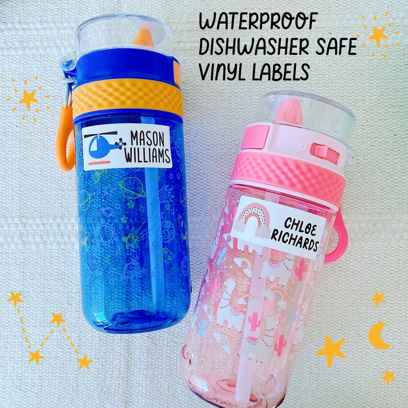May include: Two colorful water bottles with personalized vinyl labels. The blue bottle has a space theme and says "Mason Williams". The pink bottle has a llama theme and says "Chloe Richards".