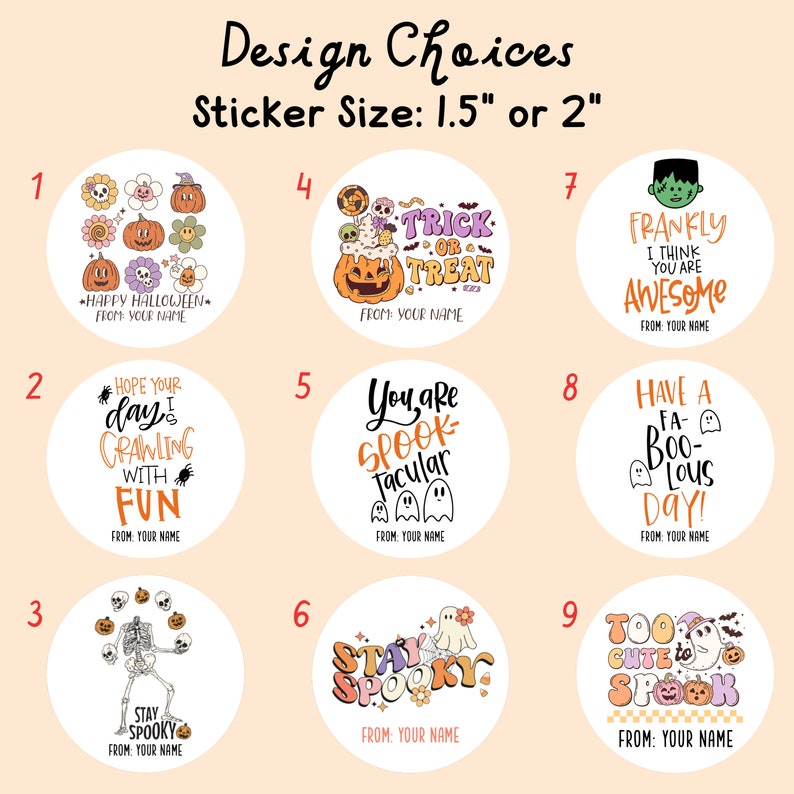Op de afbeelding: Negen verschillende Halloween-stickerontwerpen met verschillende griezelige thema's. Elke sticker heeft een andere illustratie en de tekst "Van: Uw naam". De stickers zijn verkrijgbaar in twee maten: 1,5 inch of 2 inch.
